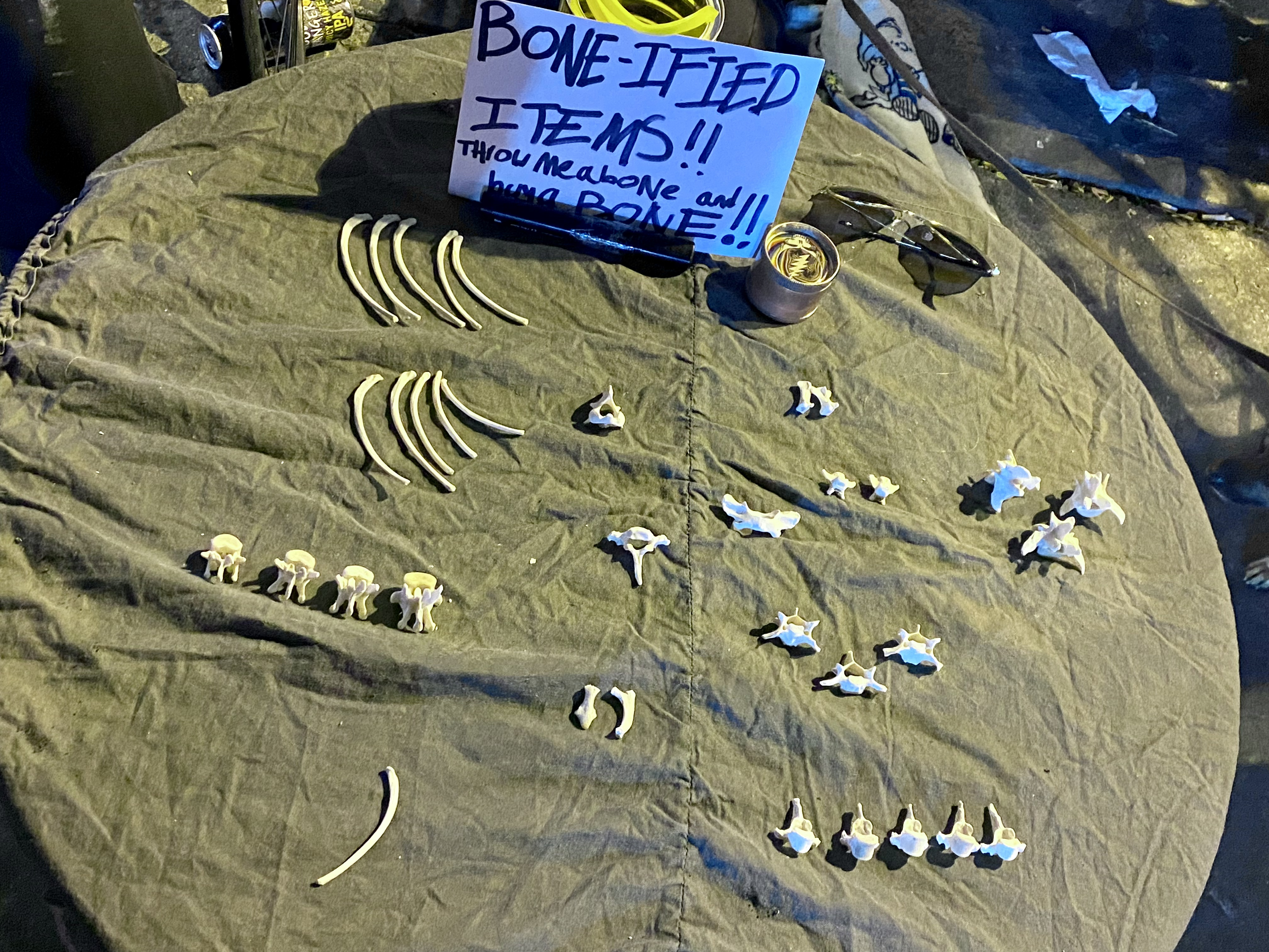 clothed table outside with animal bones on it